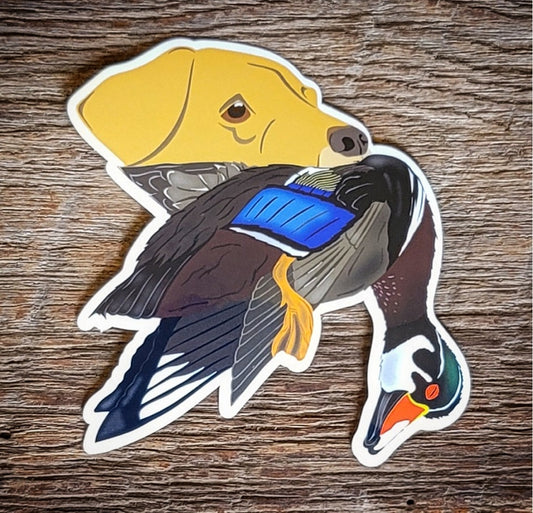 Yellow Labrador Retriever with Wood Duck Sticker